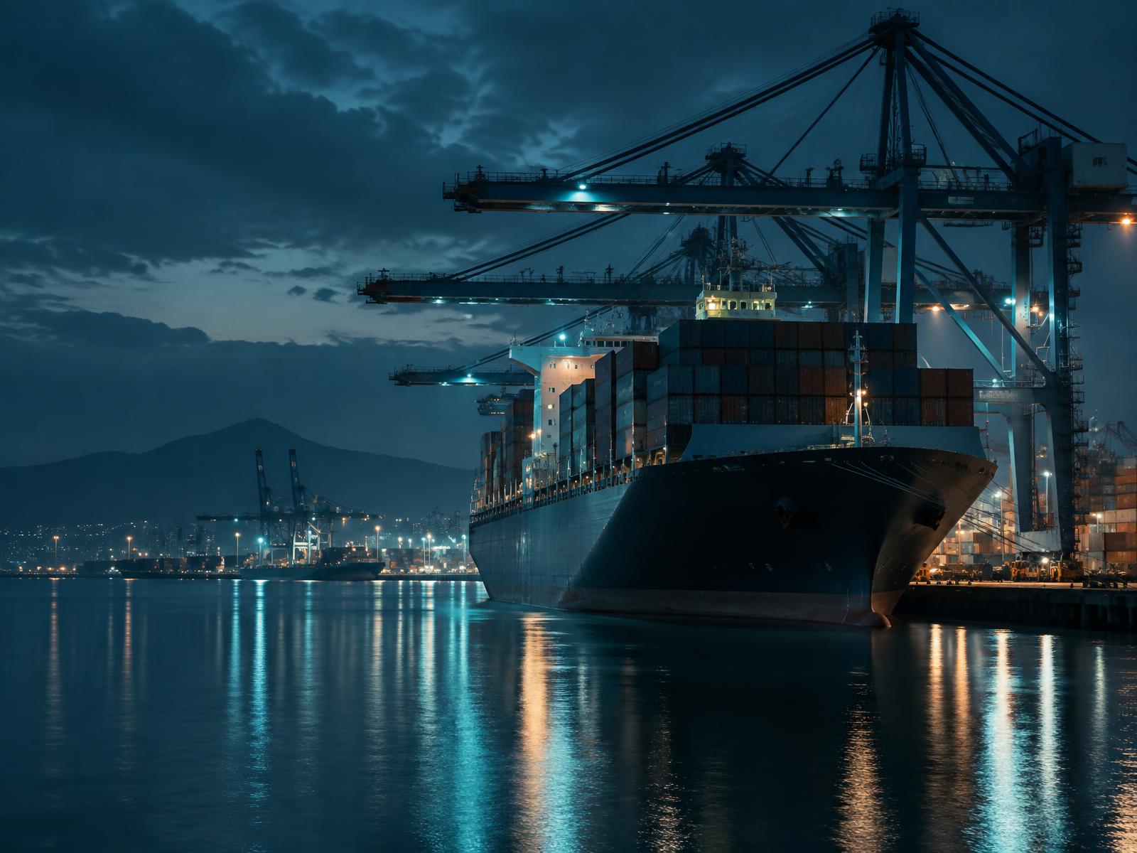 Container ship loading at a port terminal at dusk