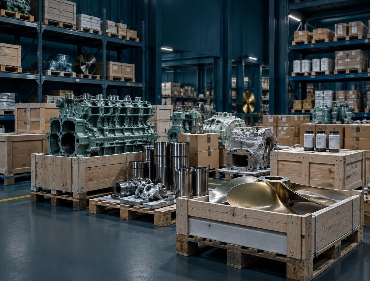 Marine spare parts and ship stores crated in a warehouse